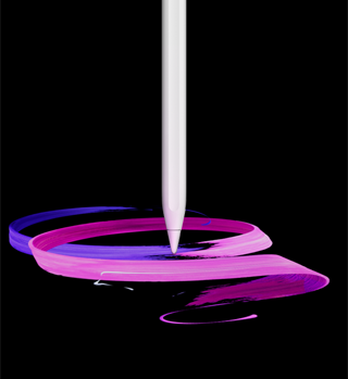 قلم&nbsp;Apple&nbsp;Pro على وشك ملامسة شاشة iPad&nbsp;Pro مع رسم غرافيك ملوّن تم تنفيذه بقلم&nbsp;Apple&nbsp;Pro‏