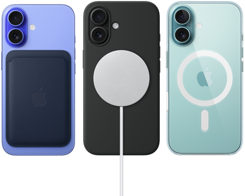 ثلاثة أجهزة iPhone&nbsp;16 يظهر جانبها الخارجي الخلفي مع اكسسوارات MagSafe مثبتة عليها: محفظة MagSafe من نسيج محبوك لجهاز iPhone، وشاحن MagSafe مع حافظة من السيليكون، وحافظة MagSafe باللون الشفاف لجهاز iPhone‏