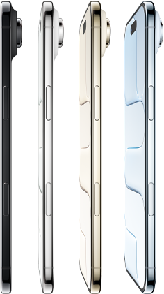 iPhone Air, side exterior, all four finishes, Sky Blue, Light Gold, Cloud White, Space Black, very thin profile, Fusion camera system, buttons: side, Camera Control